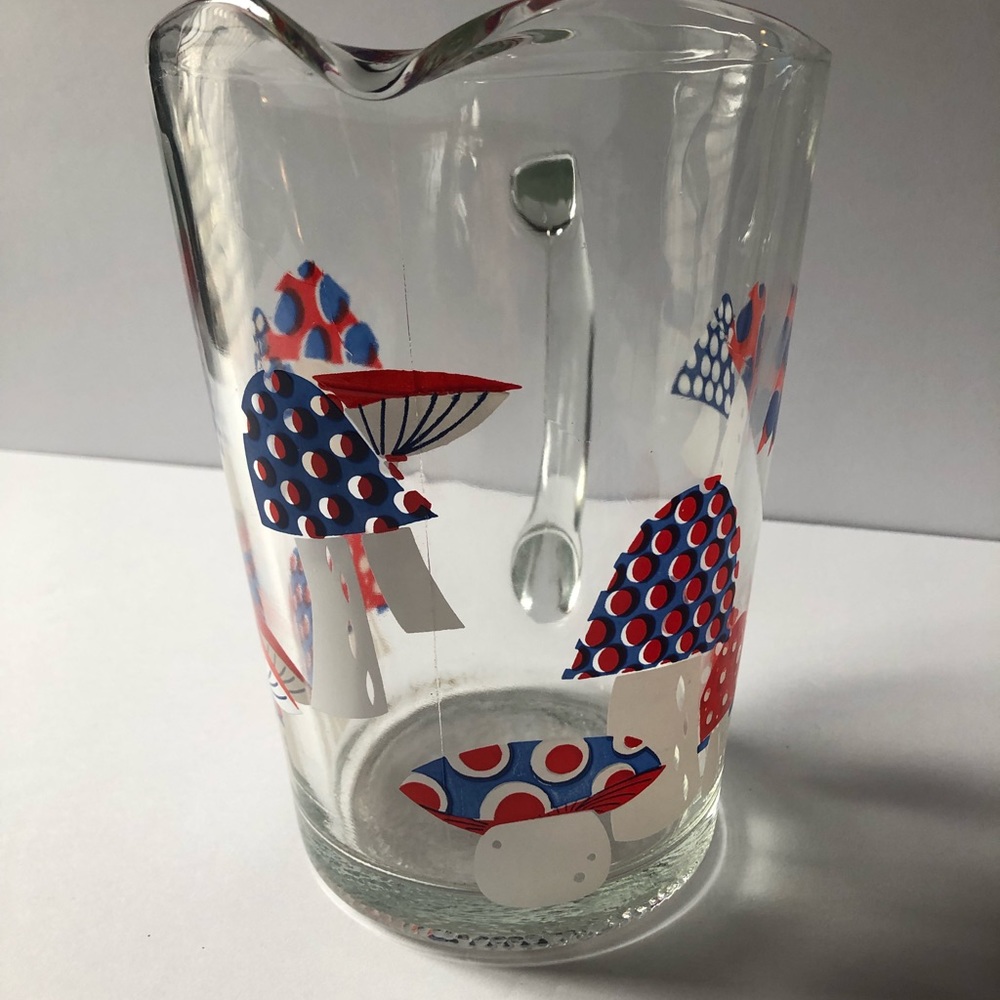 Vintage Mushroom Pitcher Retro 70s Glass 8"  Heavy Red, White, & Blue
